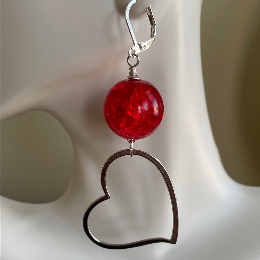 HAND CRAFTED OPEN HEART DANGLE EARRINGS WITH RED CRACKLE BEADS Boho Heart Drops